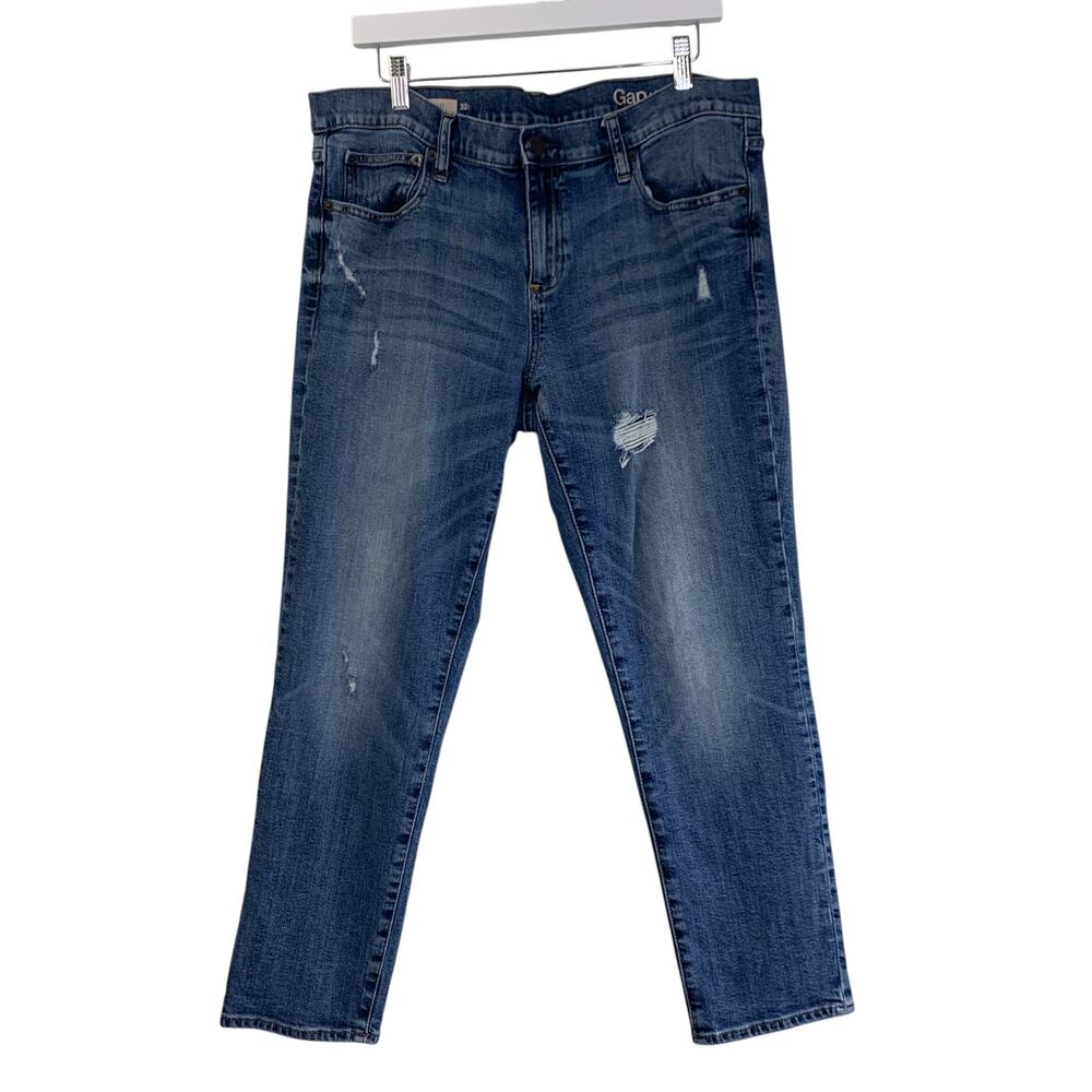 Gap 1969 Womens Girlfriend Vintage Jeans Size 32 R Blue Distressed Holes MidRise